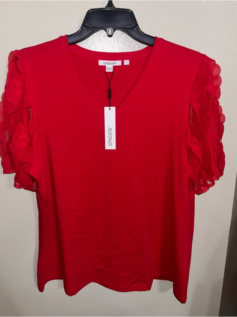 Chicos Red Women's Top, V neck With Sheer Puffy Sleeves With Applied Heart's L